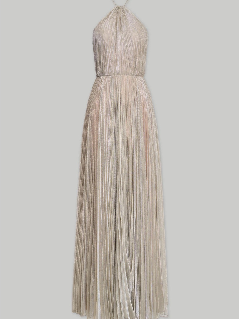 HALSTON Pewter Marisol Plisse Lurex Halterneck Pleated Gown